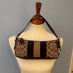 Vintage Coach Signature Stripe Demi Shoulder Bag in Tan/Brown suede Y2K